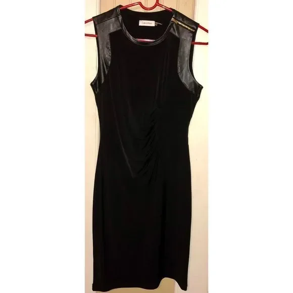 Calvin Klein Chic Dress with Faux Leather & Gold Zipper Accents Womens  Size 4